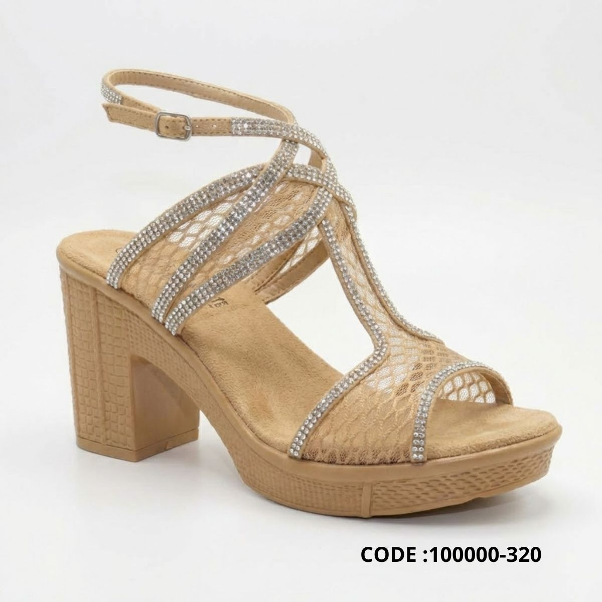 صندل سهرة دانتيل بكعب عريض وفصوص لامعة - نعل طبي مريح للمناسبات -موديل 100000-320 - بيج